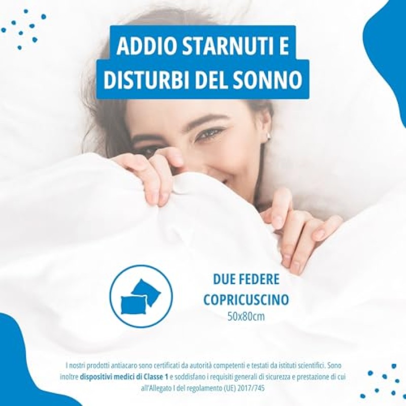 Allergosystem 2pz Federe Copricuscini Letto Matrimoniale Antiacaro 50x80cm - Dispositivo Medico Antiacaro e Anallergico MADE IN ITALY - Linea Nuvola - 50x80 cm (2-Pack)