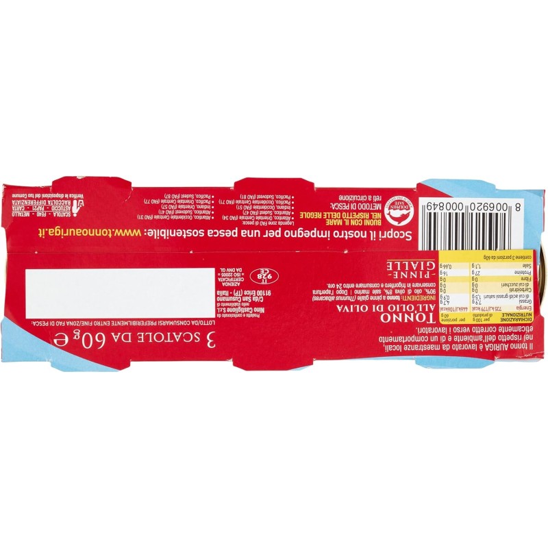 Tonno Auriga leggero 60grx3 all'olio di oliva. Non serve sgocciolare, -50% di grassi. - 180 g (Confezione da 1)