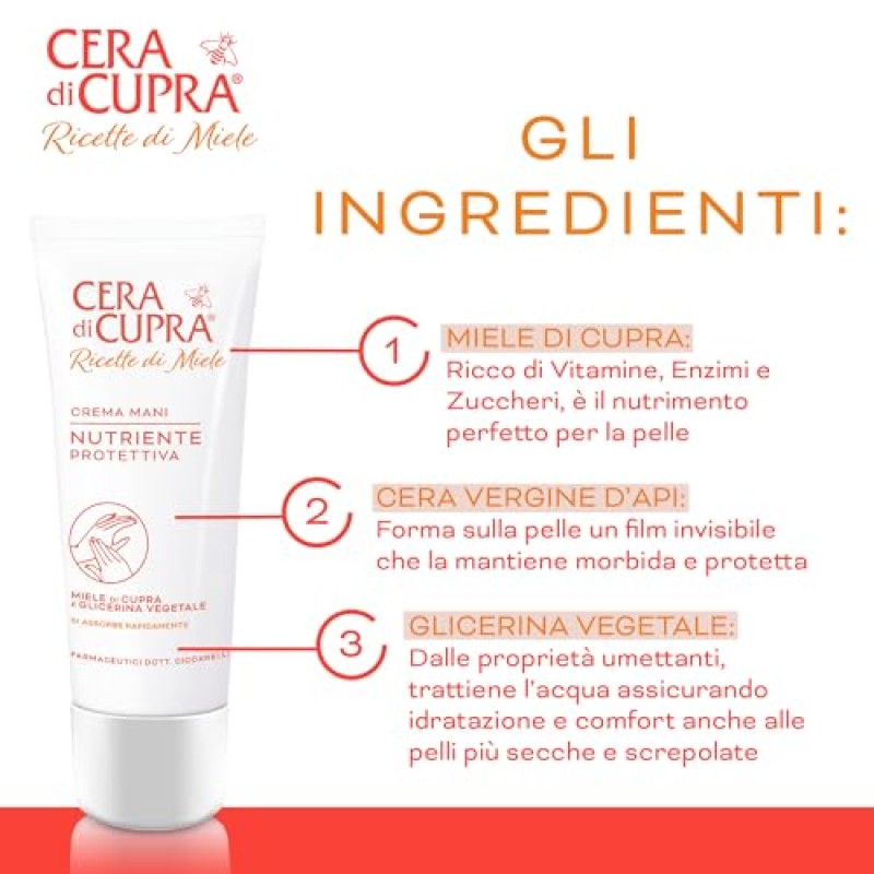 Cera di Cupra, Crema Mani Nutriente Protettiva, Trattamento Quotidiano per le Mani, Nutre e Idrata la Pelle Donando Morbidezza e Comfort, Made in Italy, Dermatologicamente Testato, 75 ml - 75 ml (Confezione da 1)
