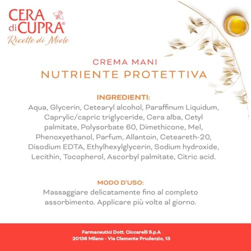 Cera di Cupra, Crema Mani Nutriente Protettiva, Trattamento Quotidiano per le Mani, Nutre e Idrata la Pelle Donando Morbidezza e Comfort, Made in Italy, Dermatologicamente Testato, 75 ml - 75 ml (Confezione da 1)