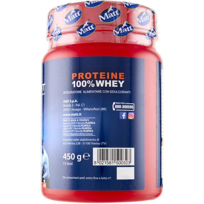 Matt Sport, Integratore Alimentare Proteine 100% Whey, Ideale da Assumere Prima e Dopo l'Attività Sportiva per Mantenere e Aumentare la Massa Muscolare, con Dosatore, Gusto Cacao, 15 Dosi Matt Sport, Integratore Alimentare Proteine 100% Whey, Ideale da Assumere Prima e Dopo l'Attività Sportiva per Mantenere e Aumentare la Massa Muscolare, con Dosatore, Gusto Cacao, 15 Dosi