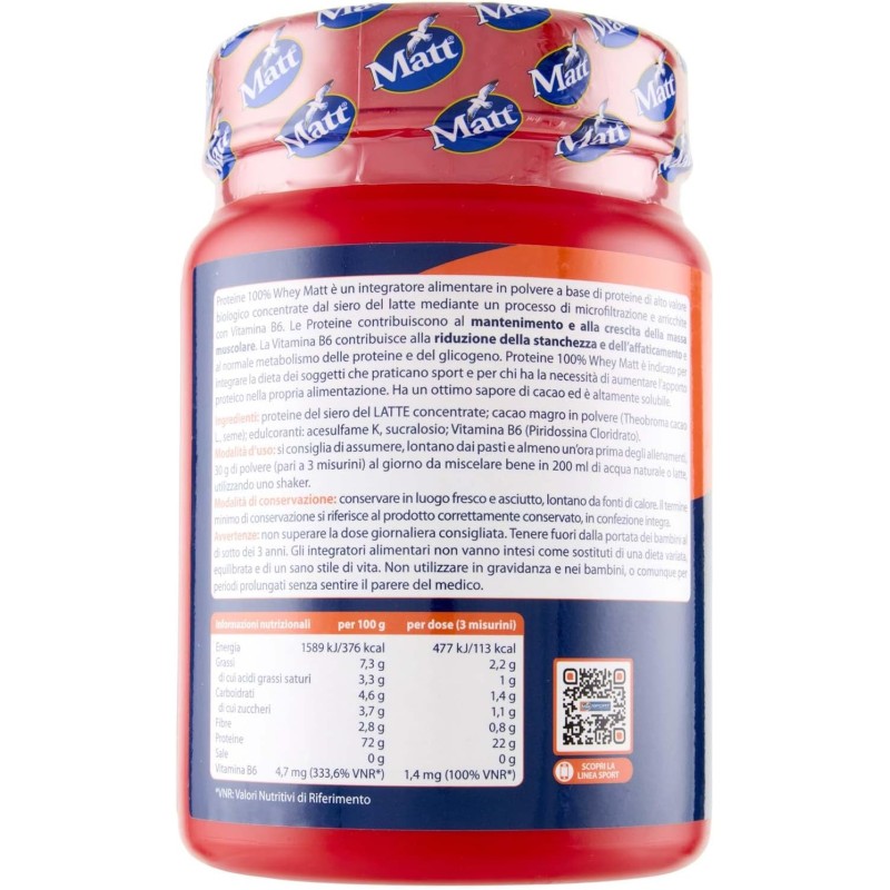 Matt Sport, Integratore Alimentare Proteine 100% Whey, Ideale da Assumere Prima e Dopo l'Attività Sportiva per Mantenere e Aumentare la Massa Muscolare, con Dosatore, Gusto Cacao, 15 Dosi Matt Sport, Integratore Alimentare Proteine 100% Whey, Ideale da Assumere Prima e Dopo l'Attività Sportiva per Mantenere e Aumentare la Massa Muscolare, con Dosatore, Gusto Cacao, 15 Dosi