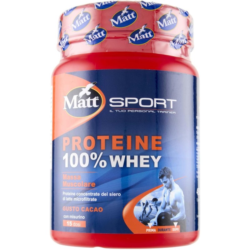 Matt Sport, Integratore Alimentare Proteine 100% Whey, Ideale da Assumere Prima e Dopo l'Attività Sportiva per Mantenere e Aumentare la Massa Muscolare, con Dosatore, Gusto Cacao, 15 Dosi Matt Sport, Integratore Alimentare Proteine 100% Whey, Ideale da Assumere Prima e Dopo l'Attività Sportiva per Mantenere e Aumentare la Massa Muscolare, con Dosatore, Gusto Cacao, 15 Dosi