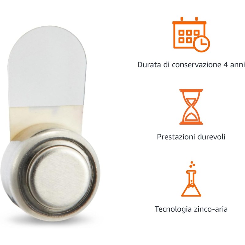 Amazon Basics Confezione da 60 batterie zinco-aria per apparecchi acustici, misura 10, 1,45 Volt, linguetta gialla, durata 4 anni, Confezione Sicura per Bambini (Usare le Forbici per Aprire)