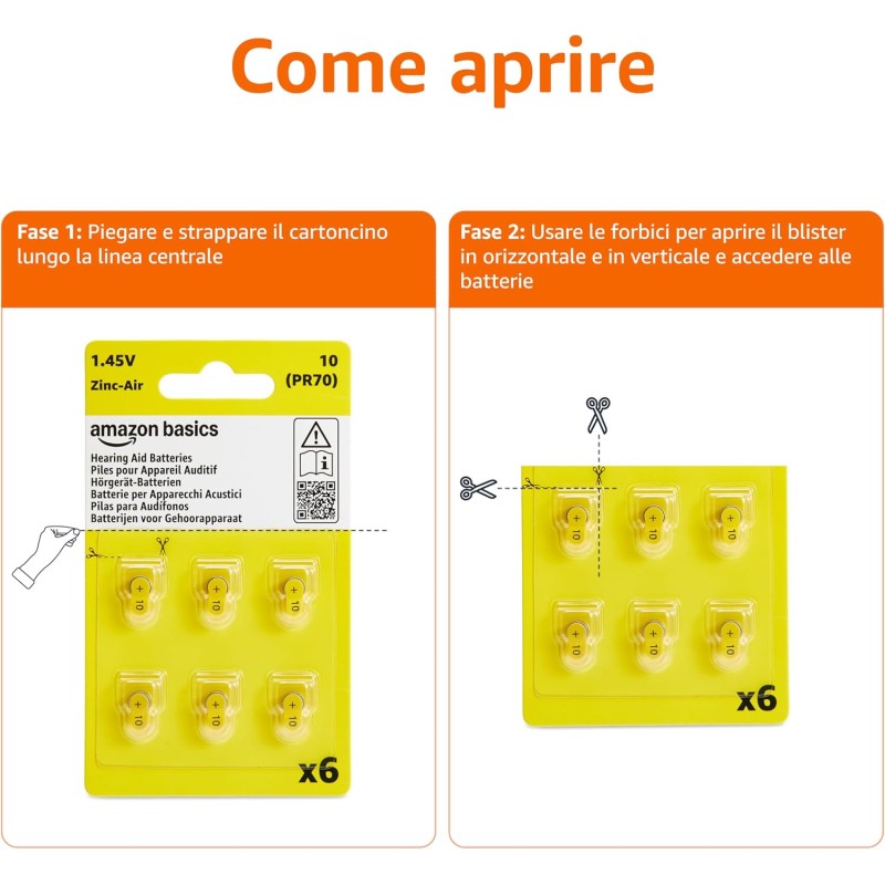 Amazon Basics Confezione da 60 batterie zinco-aria per apparecchi acustici, misura 10, 1,45 Volt, linguetta gialla, durata 4 anni, Confezione Sicura per Bambini (Usare le Forbici per Aprire)