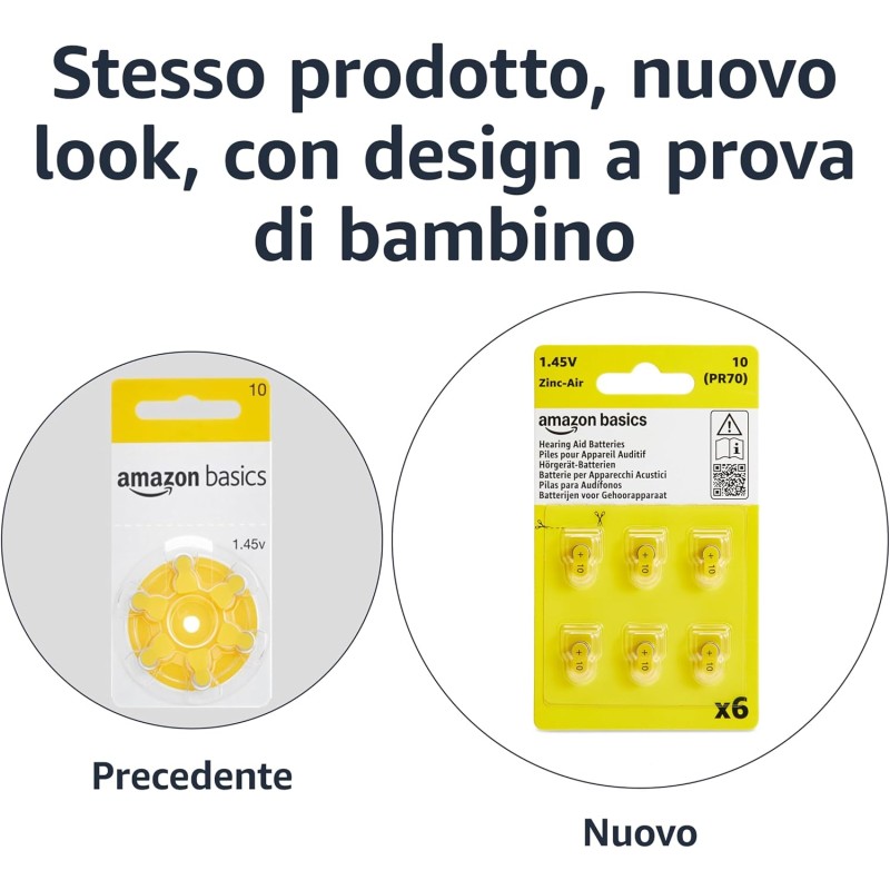 Amazon Basics Confezione da 60 batterie zinco-aria per apparecchi acustici, misura 10, 1,45 Volt, linguetta gialla, durata 4 anni, Confezione Sicura per Bambini (Usare le Forbici per Aprire)