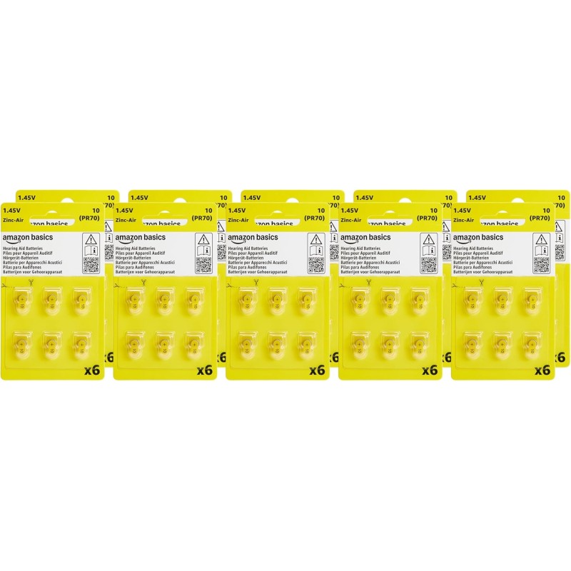 Amazon Basics Confezione da 60 batterie zinco-aria per apparecchi acustici, misura 10, 1,45 Volt, linguetta gialla, durata 4 anni, Confezione Sicura per Bambini (Usare le Forbici per Aprire)