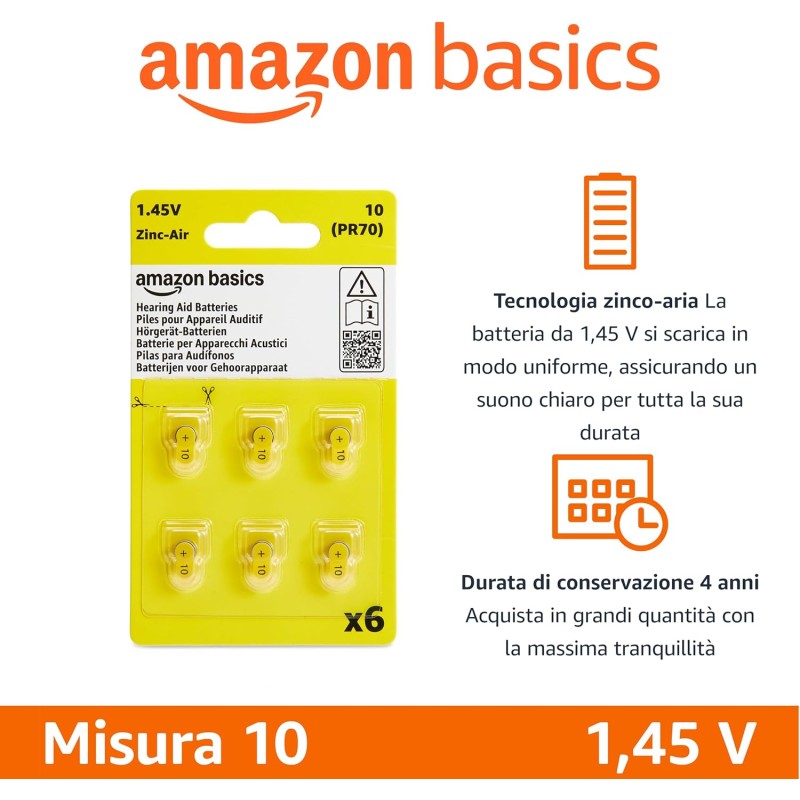Amazon Basics Confezione da 60 batterie zinco-aria per apparecchi acustici, misura 10, 1,45 Volt, linguetta gialla, durata 4 anni, Confezione Sicura per Bambini (Usare le Forbici per Aprire)