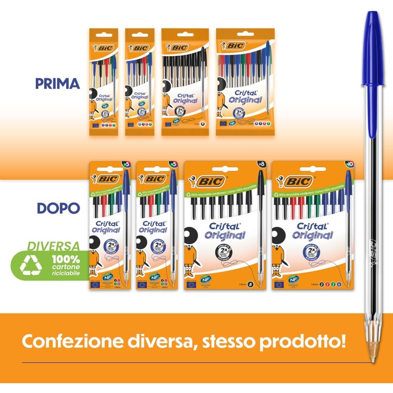 BIC Cristal Original, Penne a Sfera, Inchiostri Blu, Nero, Verde e Rosso, Punta Media (1.0 mm), Confezione 20 Penne Economiche, Cancelleria Scuola e Ufficio - 10 unità (Confezione da 2)