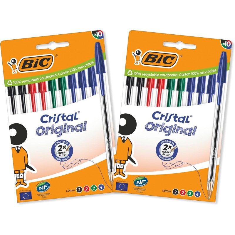 BIC Cristal Original, Penne a Sfera, Inchiostri Blu, Nero, Verde e Rosso, Punta Media (1.0 mm), Confezione 20 Penne Economiche, Cancelleria Scuola e Ufficio - 10 unità (Confezione da 2)