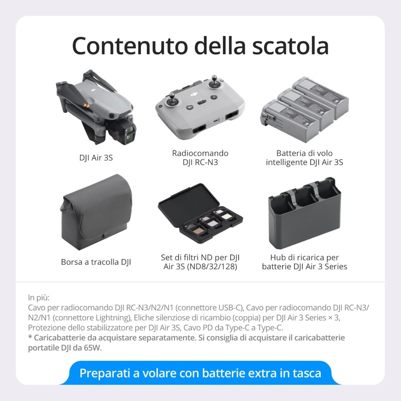 DJI Air 3S Combo Fly More (RC-N3), drone con grandangolare CMOS 1" e teleobiettivo medio, video HDR 4K/60fps, rilevamento omnidirezionale ostacoli in notturna e 3 batterie per volare più a lungo DJI Air 3S Combo Fly More (RC-N3), drone con grandangolare CMOS 1" e teleobiettivo medio, video HDR 4K/60fps, rilevamento omnidirezionale ostacoli in notturna e 3 batterie per volare più a lungo