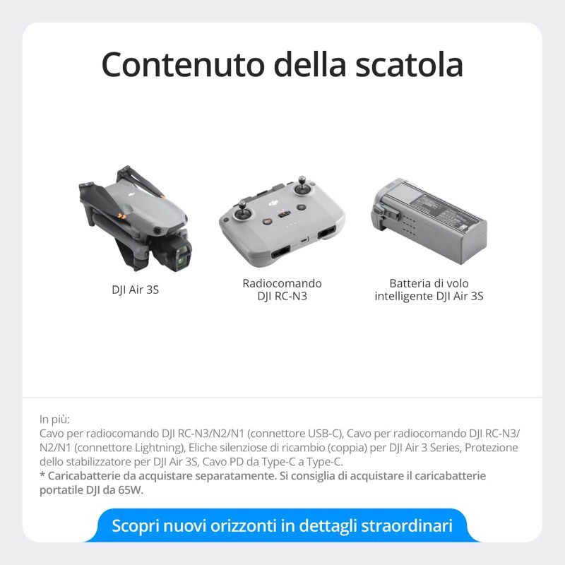 DJI Air 3S (RC-N3), drone fotocamera 4K, drone due fotocamere con fotocamera grandangolo CMOS 1", video HDR 4K/60fps e 14 stop di gamma dinamica, 45 minuti di volo, distanza di trasmissione 20 km