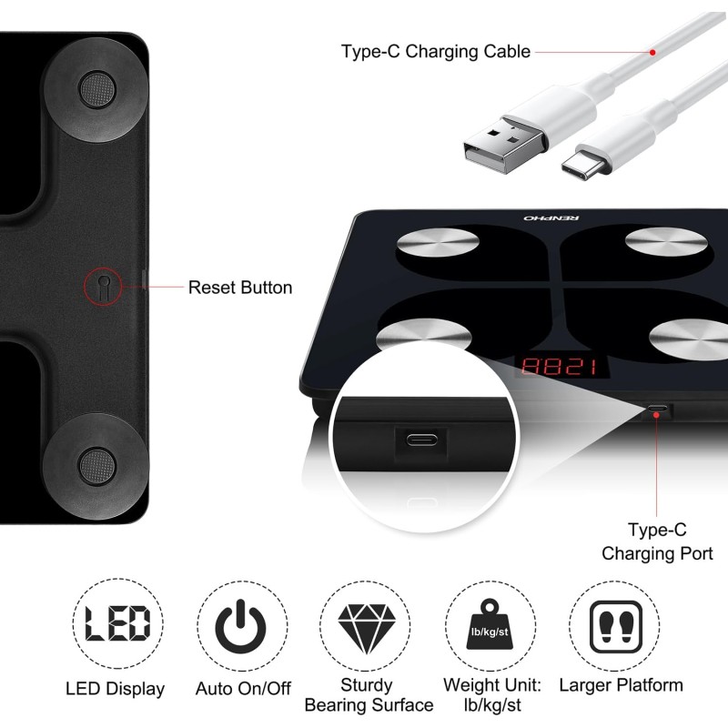 Bilancia Pesapersone Digitale RENPHO Bilancia Impedenziometrica Professionale, Bilancia Smart per iOS e Android, Ricarica USB, 13 Indici, Altamente Preciso,180KG - 280mm/11" Nero-USB