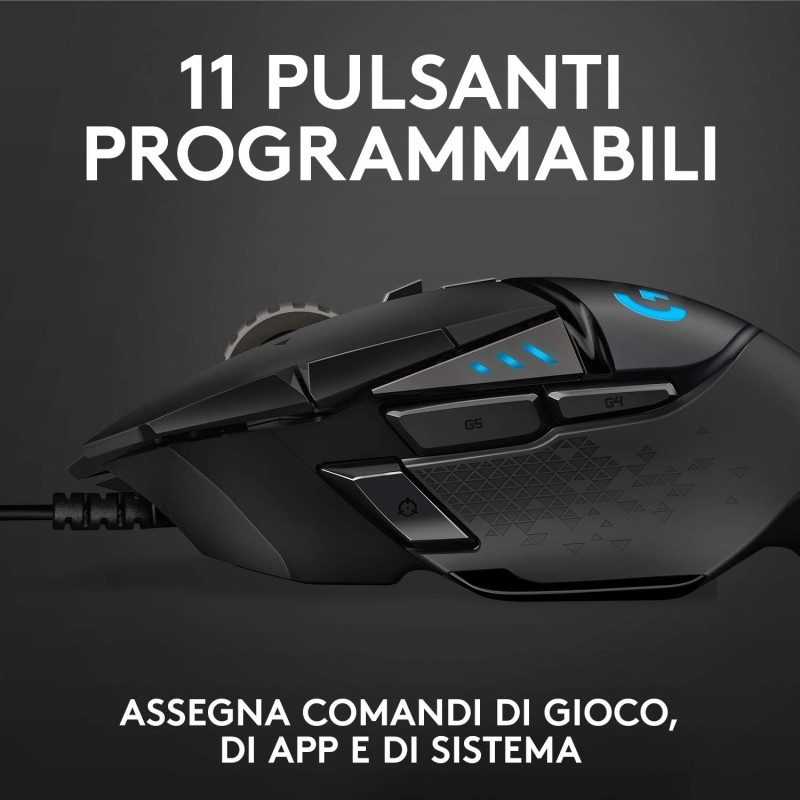 Logitech G G502 HERO Mouse Gaming Prestazioni Elevate, Sensore HERO 25K, 25.600 DPI, RGB, Pesi Regolabili, 11 Pulsanti Programmabili, Memoria Integrata, PC/Mac/Laptop, Nero