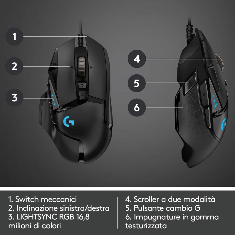 Logitech G G502 HERO Mouse Gaming Prestazioni Elevate, Sensore HERO 25K, 25.600 DPI, RGB, Pesi Regolabili, 11 Pulsanti Programmabili, Memoria Integrata, PC/Mac/Laptop, Nero
