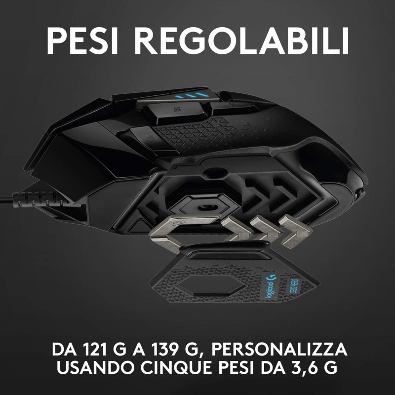 Logitech G G502 HERO Mouse Gaming Prestazioni Elevate, Sensore HERO 25K, 25.600 DPI, RGB, Pesi Regolabili, 11 Pulsanti Programmabili, Memoria Integrata, PC/Mac/Laptop, Nero