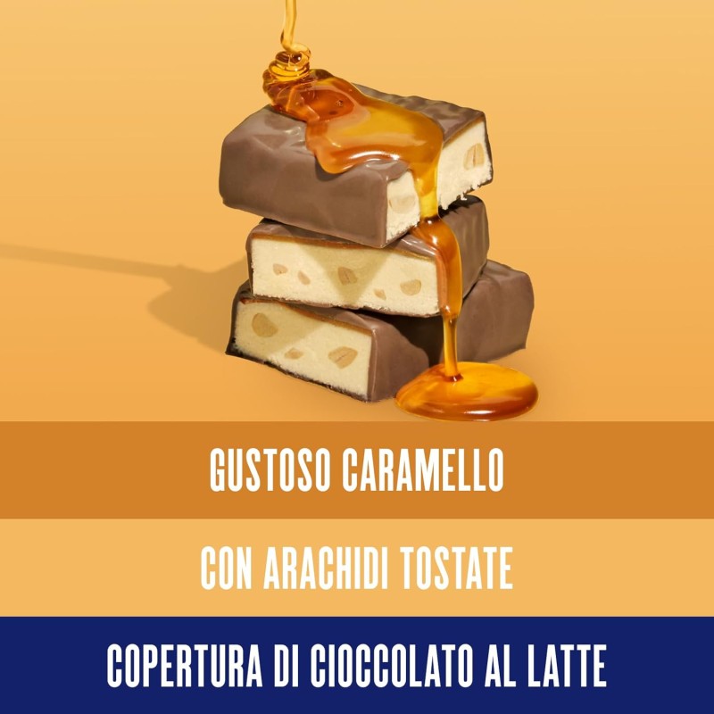 Enervit, Protein Snack con Arachidi e Caramello, Low Sugar, Ricoperta di Cioccolato al Latte, Barrette Proteiche, Ricche in Fibre, Per il Controllo del Peso, Senza Glutine, 8 Barrette da 31g