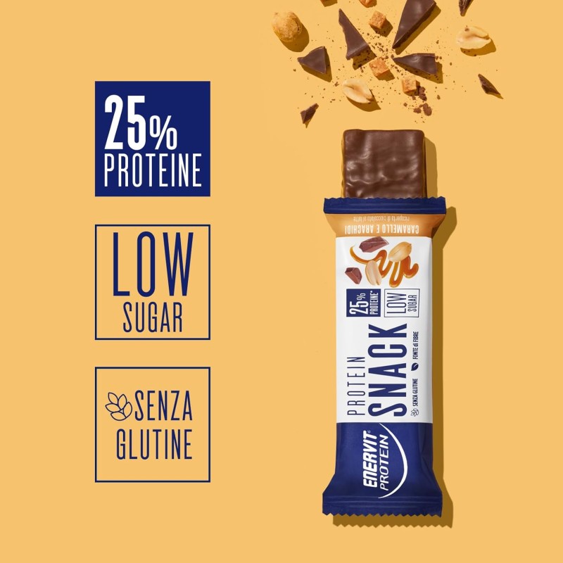 Enervit, Protein Snack con Arachidi e Caramello, Low Sugar, Ricoperta di Cioccolato al Latte, Barrette Proteiche, Ricche in Fibre, Per il Controllo del Peso, Senza Glutine, 8 Barrette da 31g