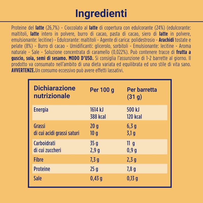 Enervit, Protein Snack con Arachidi e Caramello, Low Sugar, Ricoperta di Cioccolato al Latte, Barrette Proteiche, Ricche in Fibre, Per il Controllo del Peso, Senza Glutine, 8 Barrette da 31g