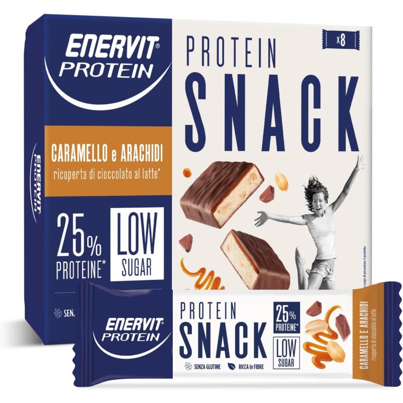 Enervit, Protein Snack con Arachidi e Caramello, Low Sugar, Ricoperta di Cioccolato al Latte, Barrette Proteiche, Ricche in Fibre, Per il Controllo del Peso, Senza Glutine, 8 Barrette da 31g