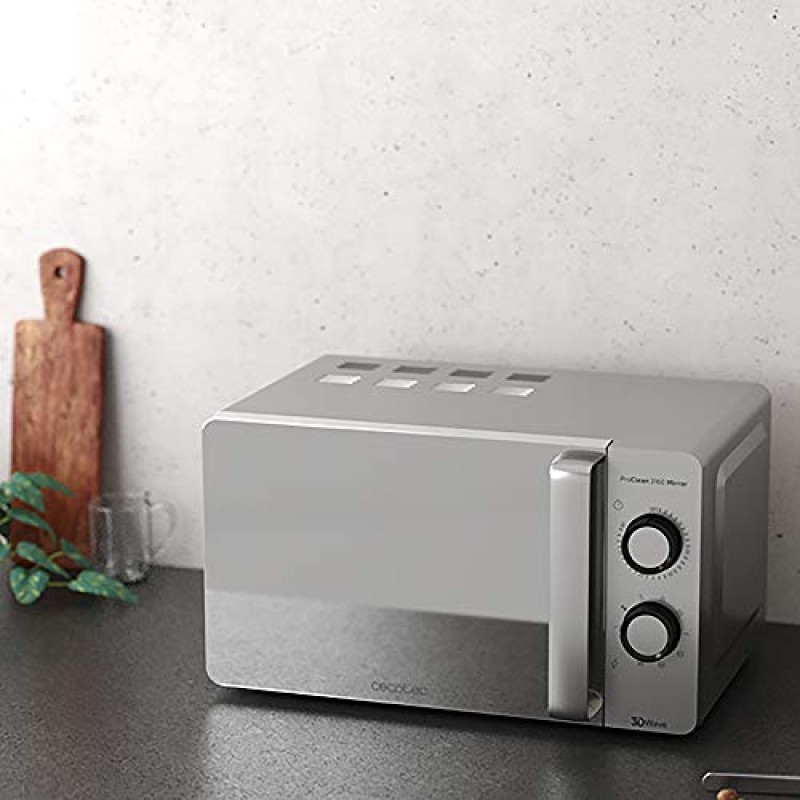 Cecotec Forno a Microonde con Grill ProClean 3160 Mirror da 20 Litri, 700 W con 6 livelli, Grill 800 W Rivestimento Ready2Clean per una migliore pulizia Tecnologia 3DWave Timer Design effetto specchio - 20 L Inox | Porta Specchio