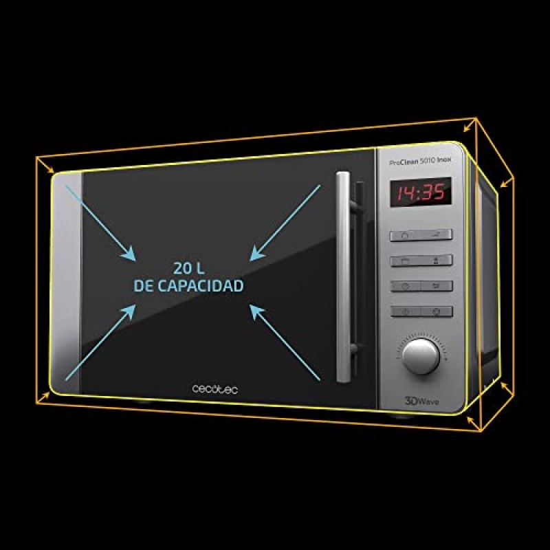 Cecotec Forno a Microonde Proclean 5010 Inox, 20L, Rivestimento Ready2Clean, 700 W, 5 livelli di potenza, Timer 60 min, display a LED, Inox - 20 L Inox