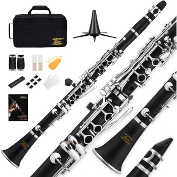 Clarinetto Eastar B Flat per Principianti, Clarinetto in Ebanite Nichelato con 2 Canne, 3 Ance, Guanti Bianchi, Custodia Rigida, Cleaning Kt, ECL-300 - nero