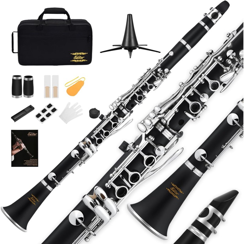 Clarinetto Eastar B Flat per Principianti, Clarinetto in Ebanite Nichelato con 2 Canne, 3 Ance, Guanti Bianchi, Custodia Rigida, Cleaning Kt, ECL-300 - nero