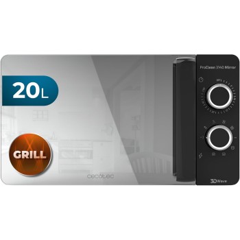 Cecotec Microondas de 20 Litros ProClean 3140 Mirror. 700 W con 6 Niveles, Grill 800W, Revestimiento Ready2Clean para mejor Limpieza, Tecnología 3DWave, Negro con Efecto Espejo - 20 L Nero | Porta Specchio