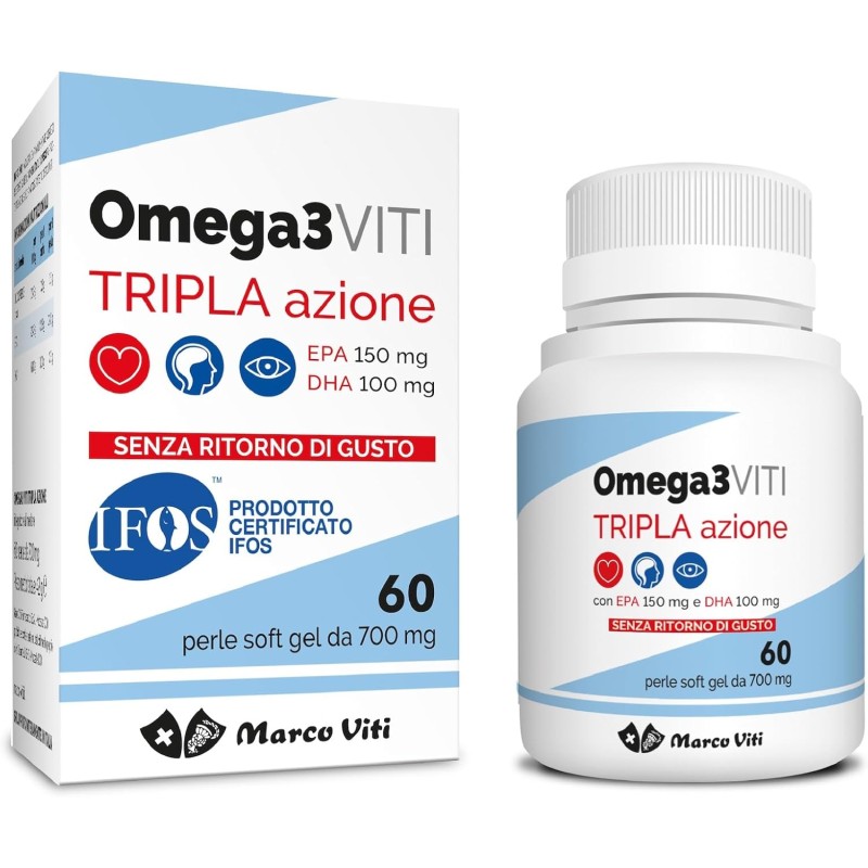 Omega3 Viti Tripla Azione, Integratore ad Alta Concentrazione di Omega-3 per Cuore, Cervello e Vista, Assunzione Giornaliera, 60 Capsule da 700 mg - 60 Unità (Confezione da 1)