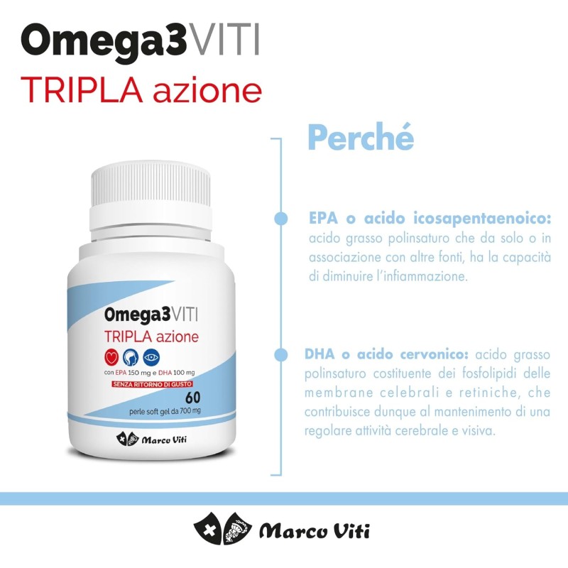 Omega3 Viti Tripla Azione, Integratore ad Alta Concentrazione di Omega-3 per Cuore, Cervello e Vista, Assunzione Giornaliera, 60 Capsule da 700 mg - 60 Unità (Confezione da 1)