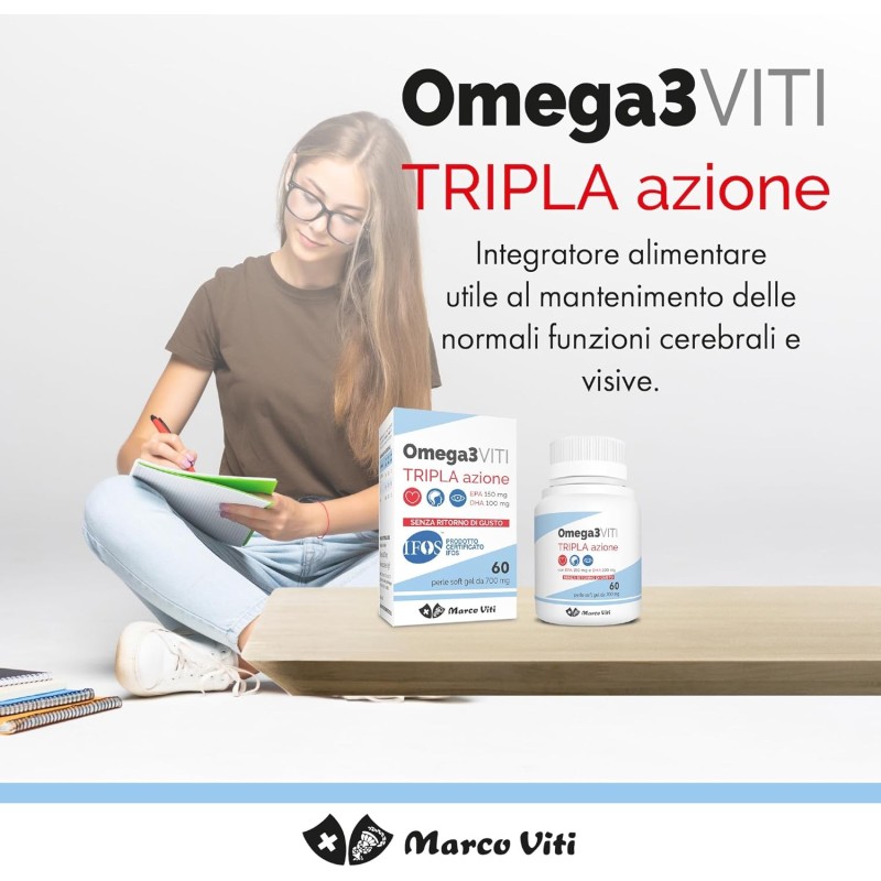 Omega3 Viti Tripla Azione, Integratore ad Alta Concentrazione di Omega-3 per Cuore, Cervello e Vista, Assunzione Giornaliera, 60 Capsule da 700 mg - 60 Unità (Confezione da 1)