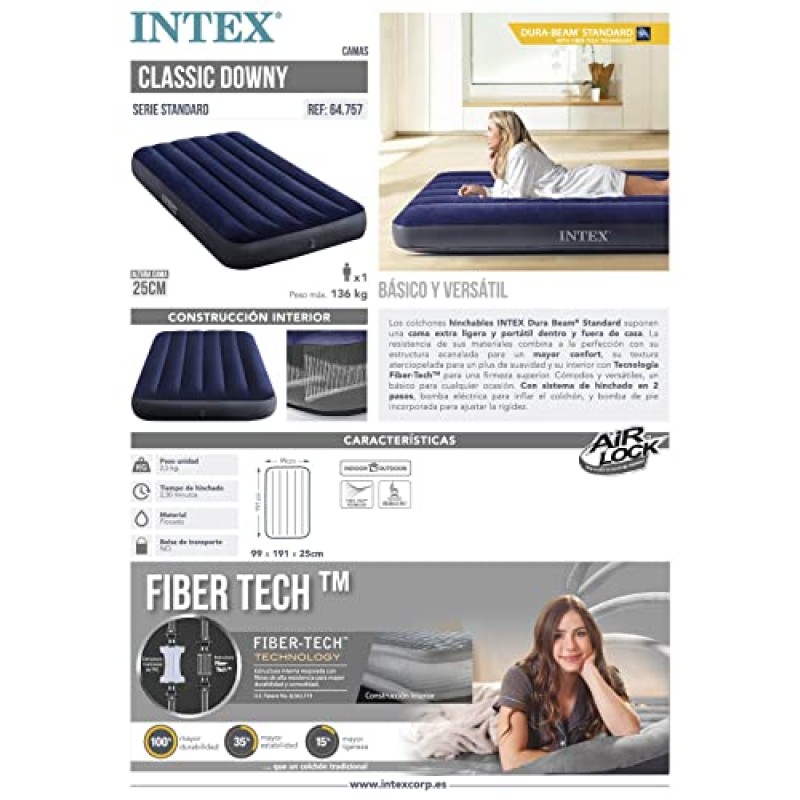Intex 64757 Materasso Classic Downy Singolo con Tecnologia Fiber Tech 99X191X25 cm