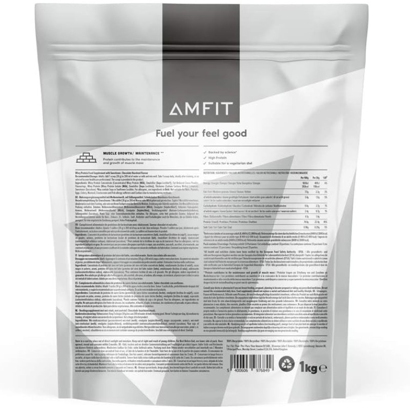 Amfit Nutrition Whey Protein Powder 1kg Chocolate Hazelnut - 1 kg (Confezione da 1)