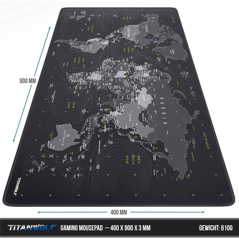 CSL-Computer TITANWOLF - Tappetino per mouse XXL Speed Gaming Titanwolf mappa del mondo 900 x 400 mm – XXL Mousepad – Sottomano grande dimensione – migliora la precisione e la velocità - Größe XXL Typ 5