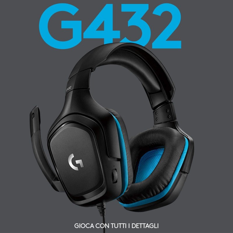 Logitech G G432 Cuffie Gaming Cablate, Audio Surround 7.1, DTS: x 2.0, Driver 50 mm, ‎Jack USB 3.5 mm, Microfono Flip-to-Mute, Leggere, PC/Mac/Xbox One/PS4/Nintendo ‎Switch, Nero/Blu