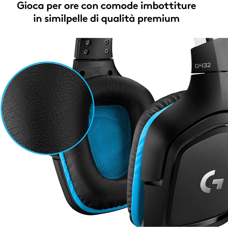 Logitech G G432 Cuffie Gaming Cablate, Audio Surround 7.1, DTS: x 2.0, Driver 50 mm, ‎Jack USB 3.5 mm, Microfono Flip-to-Mute, Leggere, PC/Mac/Xbox One/PS4/Nintendo ‎Switch, Nero/Blu