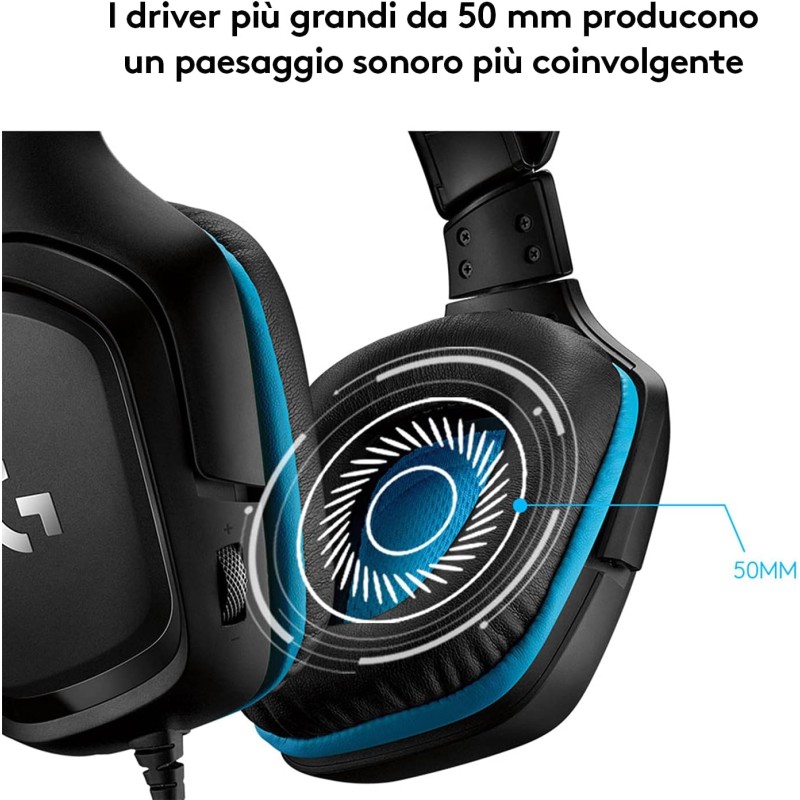Logitech G G432 Cuffie Gaming Cablate, Audio Surround 7.1, DTS: x 2.0, Driver 50 mm, ‎Jack USB 3.5 mm, Microfono Flip-to-Mute, Leggere, PC/Mac/Xbox One/PS4/Nintendo ‎Switch, Nero/Blu