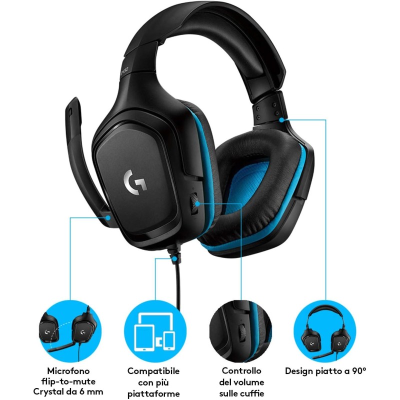 Logitech G G432 Cuffie Gaming Cablate, Audio Surround 7.1, DTS: x 2.0, Driver 50 mm, ‎Jack USB 3.5 mm, Microfono Flip-to-Mute, Leggere, PC/Mac/Xbox One/PS4/Nintendo ‎Switch, Nero/Blu