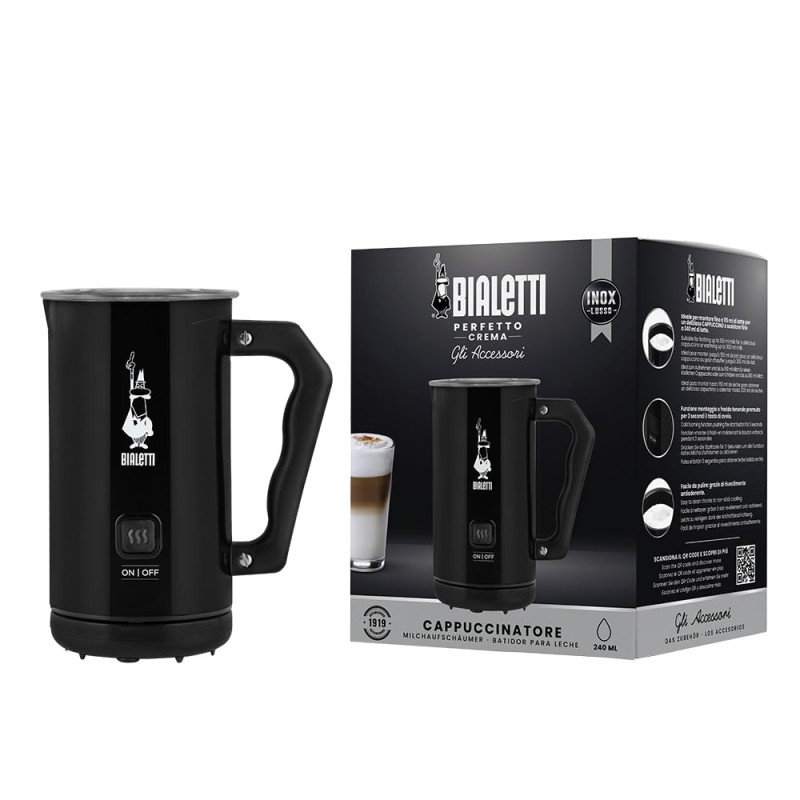 Bialetti Milk Frother Elettrico, Montalatte per Cappuccino, Capacità 150 ml Cappuccino o 300 ml Latte Caldo, Nero - Nero