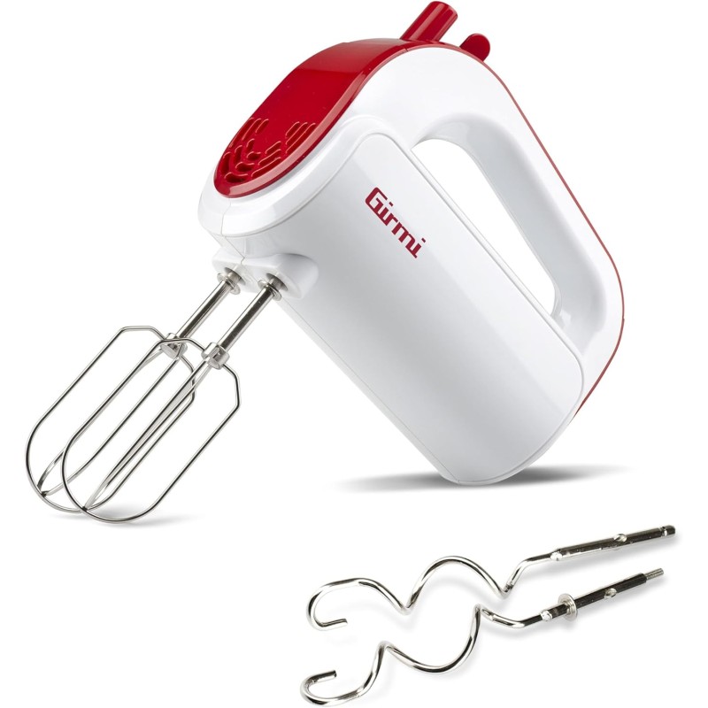 Girmi SB02 Sbattitore Elettrico, 170W, Sbattitori Inox per montare panna ed albumi, Funzione Turbo, Ganci Inox per impasti dolci e salati, 5 Velocità, Bianco/Rosso - Bianco/Rosso