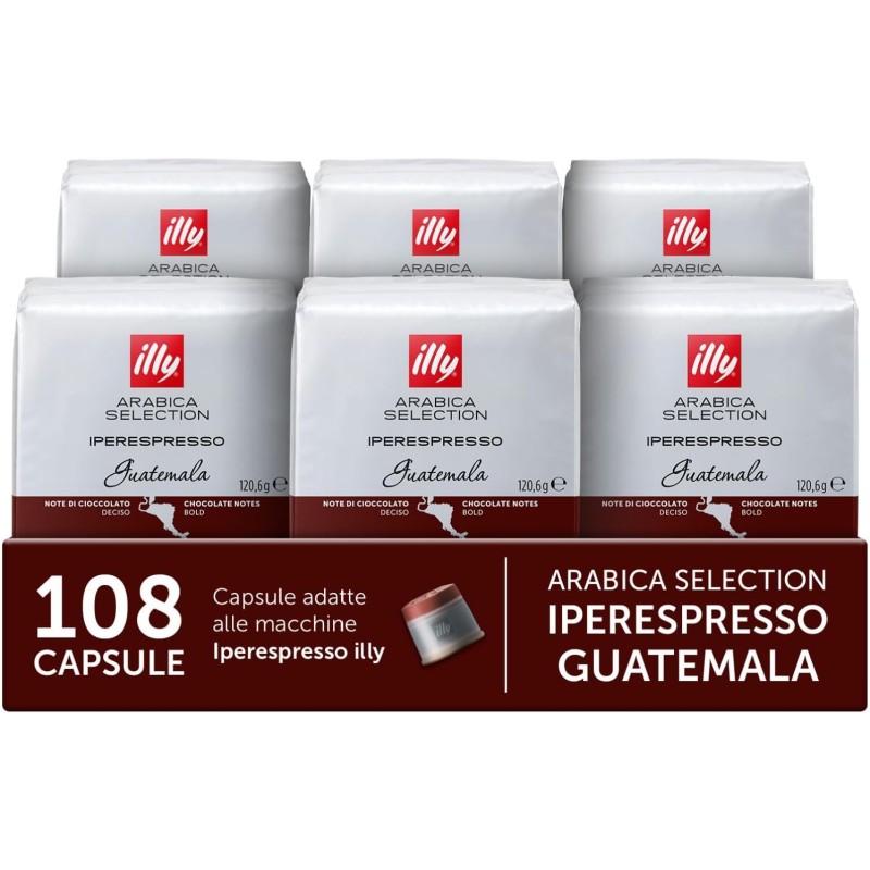 illy, Caffè in Capsule Iperespresso Arabica Selection Guatemala, 100% Arabica con Note di Cioccolato, Gusto Amaro e Intenso, 6 Confezioni da 18 (108 Capsule Totali)