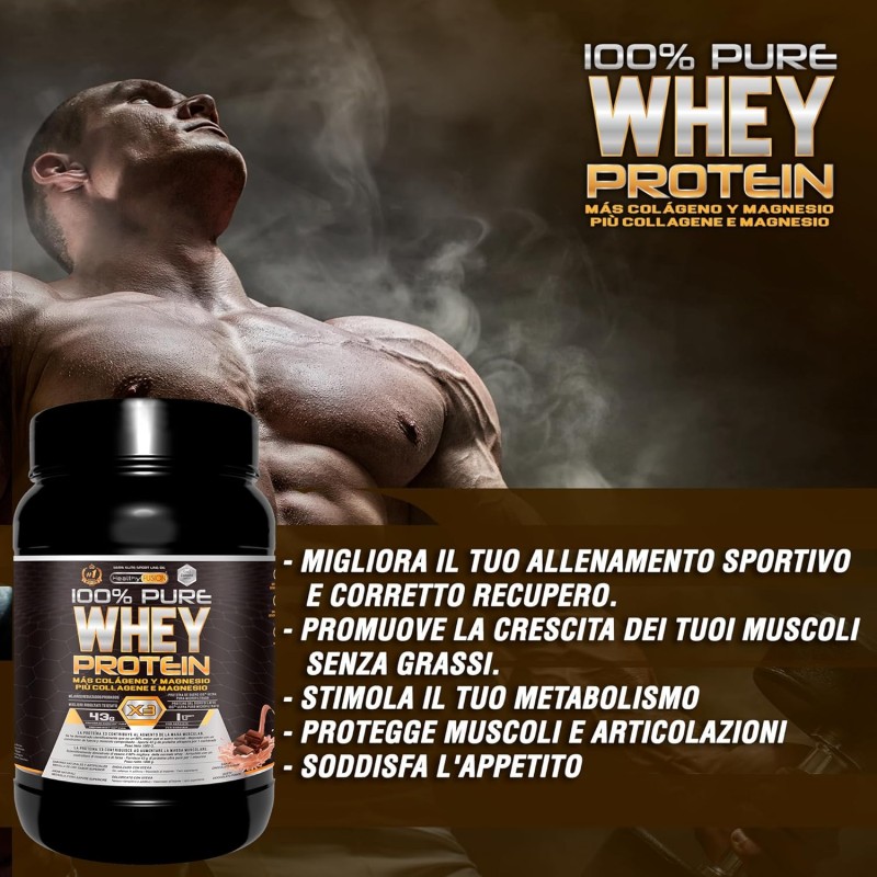 Healthy FUSION Whey protein 100% pura | Proteine whey + collagene + magnesio | Proteine del siero di latte isolate per lo sviluppo muscolare | Massa muscolare pulita | 1000 g (Cioccolato) Healthy FUSION Whey protein 100% pura | Proteine whey + collagene + magnesio | Proteine del siero di latte isolate per lo sviluppo muscolare | Massa muscolare pulita | 1000 g (Cioccolato)