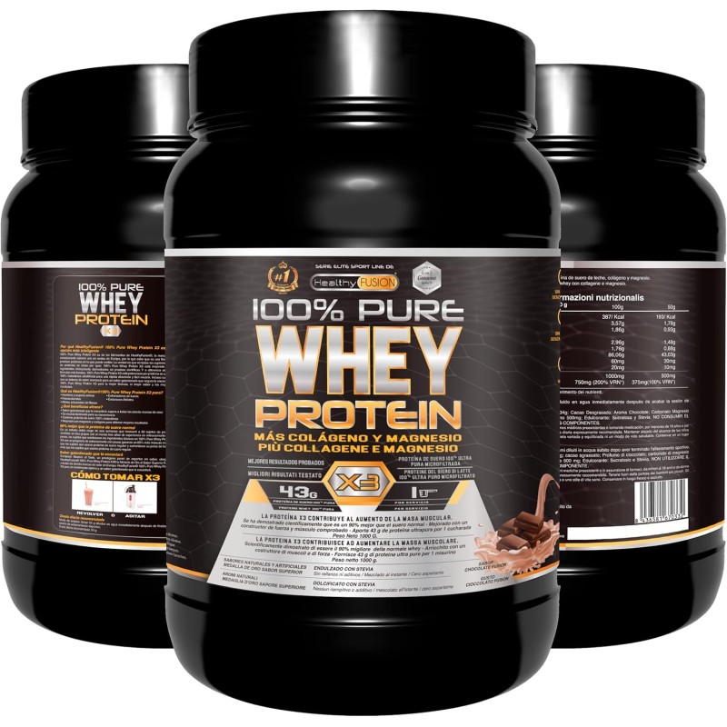 Healthy FUSION Whey protein 100% pura | Proteine whey + collagene + magnesio | Proteine del siero di latte isolate per lo sviluppo muscolare | Massa muscolare pulita | 1000 g (Cioccolato) Healthy FUSION Whey protein 100% pura | Proteine whey + collagene + magnesio | Proteine del siero di latte isolate per lo sviluppo muscolare | Massa muscolare pulita | 1000 g (Cioccolato)