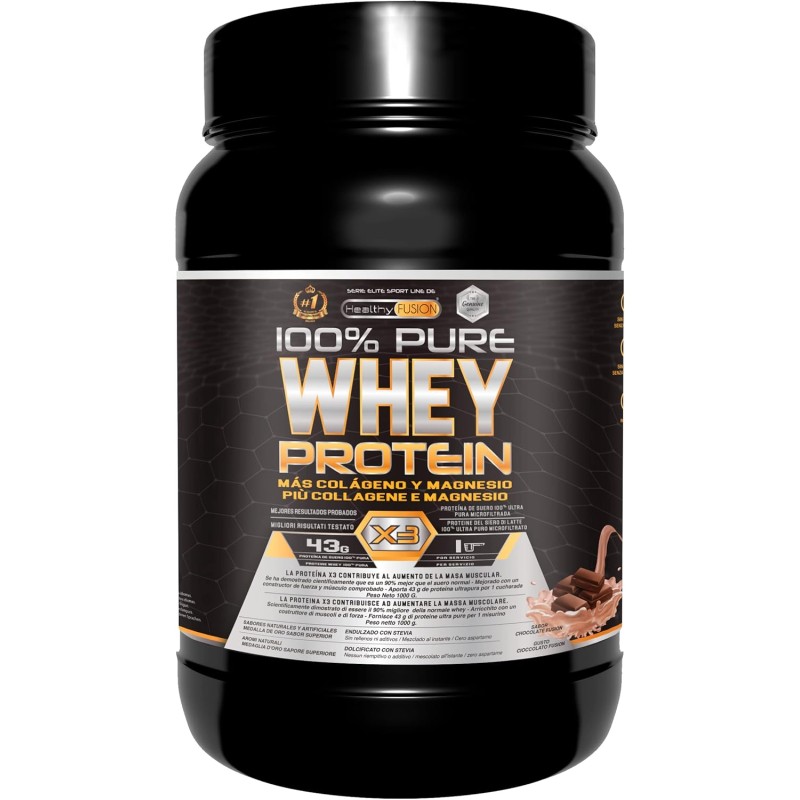 Healthy FUSION Whey protein 100% pura | Proteine whey + collagene + magnesio | Proteine del siero di latte isolate per lo sviluppo muscolare | Massa muscolare pulita | 1000 g (Cioccolato) Healthy FUSION Whey protein 100% pura | Proteine whey + collagene + magnesio | Proteine del siero di latte isolate per lo sviluppo muscolare | Massa muscolare pulita | 1000 g (Cioccolato)