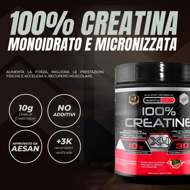 Healthy Fusion Creatina Monoidrata | Creatina Pura microfiltrata | Favorisce la crescita muscolare e migliora la resistenza fisica | Elevata solubilità | Formato in polvere, gusto di Anguria 300gr Healthy Fusion Creatina Monoidrata | Creatina Pura microfiltrata | Favorisce la crescita muscolare e migliora la resistenza fisica | Elevata solubilità | Formato in polvere, gusto di Anguria 300gr