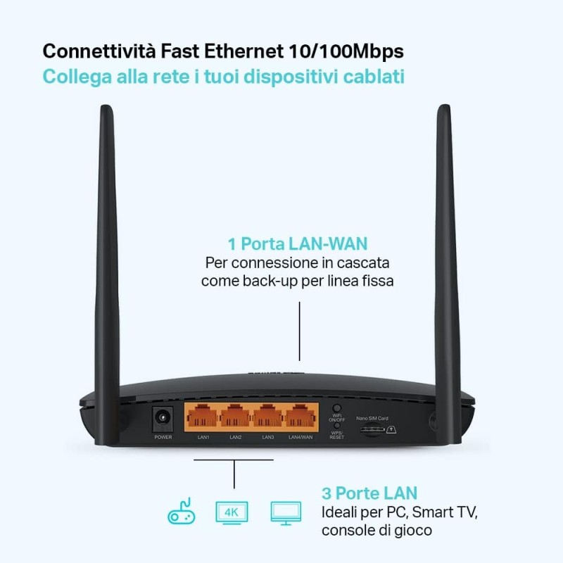 TP-Link TL-MR6400 Router 4G LTE fino a 150 Mbps, Wireless N300Mbps, Router WiFi con Sim, Porta LAN/WAN, Senza Configurazione, Antenne Staccabili, Modem 4G Sim, Parental Control, Rete Ospiti, QoS