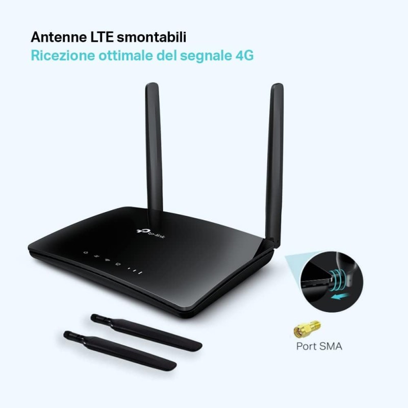 TP-Link TL-MR6400 Router 4G LTE fino a 150 Mbps, Wireless N300Mbps, Router WiFi con Sim, Porta LAN/WAN, Senza Configurazione, Antenne Staccabili, Modem 4G Sim, Parental Control, Rete Ospiti, QoS