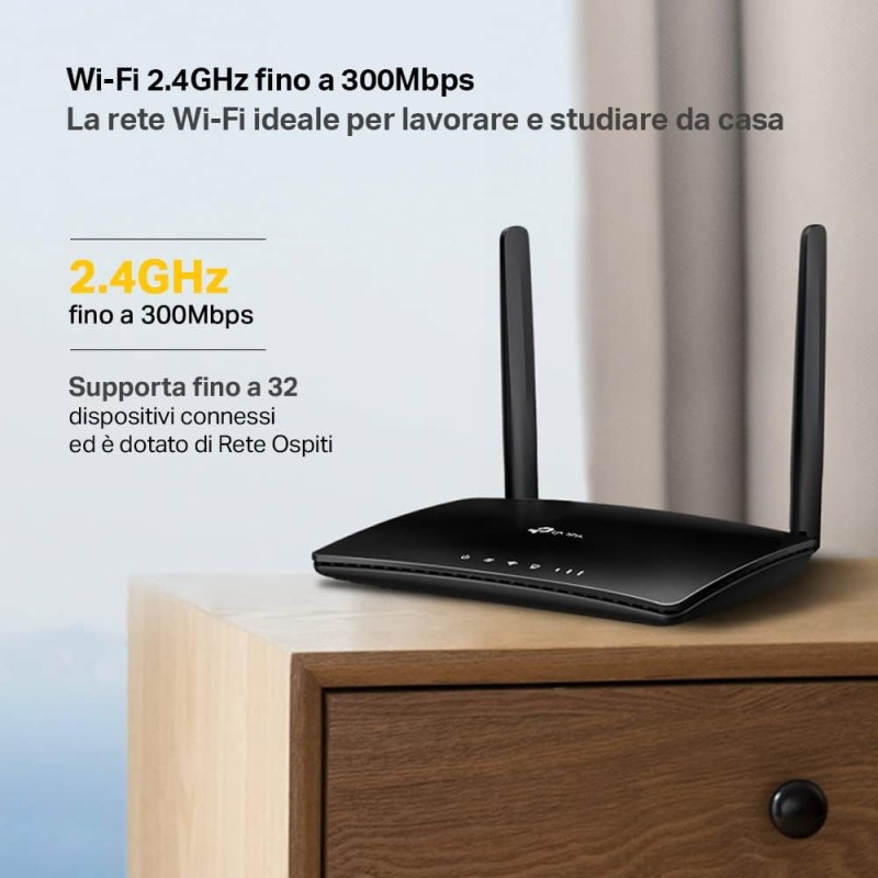 TP-Link TL-MR6400 Router 4G LTE fino a 150 Mbps, Wireless N300Mbps, Router WiFi con Sim, Porta LAN/WAN, Senza Configurazione, Antenne Staccabili, Modem 4G Sim, Parental Control, Rete Ospiti, QoS