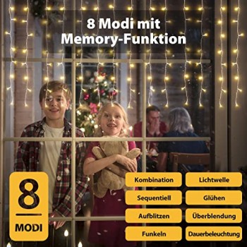 SALCAR 6m x 1m LED Tenda con Catena di Luci, Catena luminosa 300 Leds 9 modalità impermeabile decorazione per Decorazioni Natale - Bianco Caldo - 6*1m Bianco Caldo